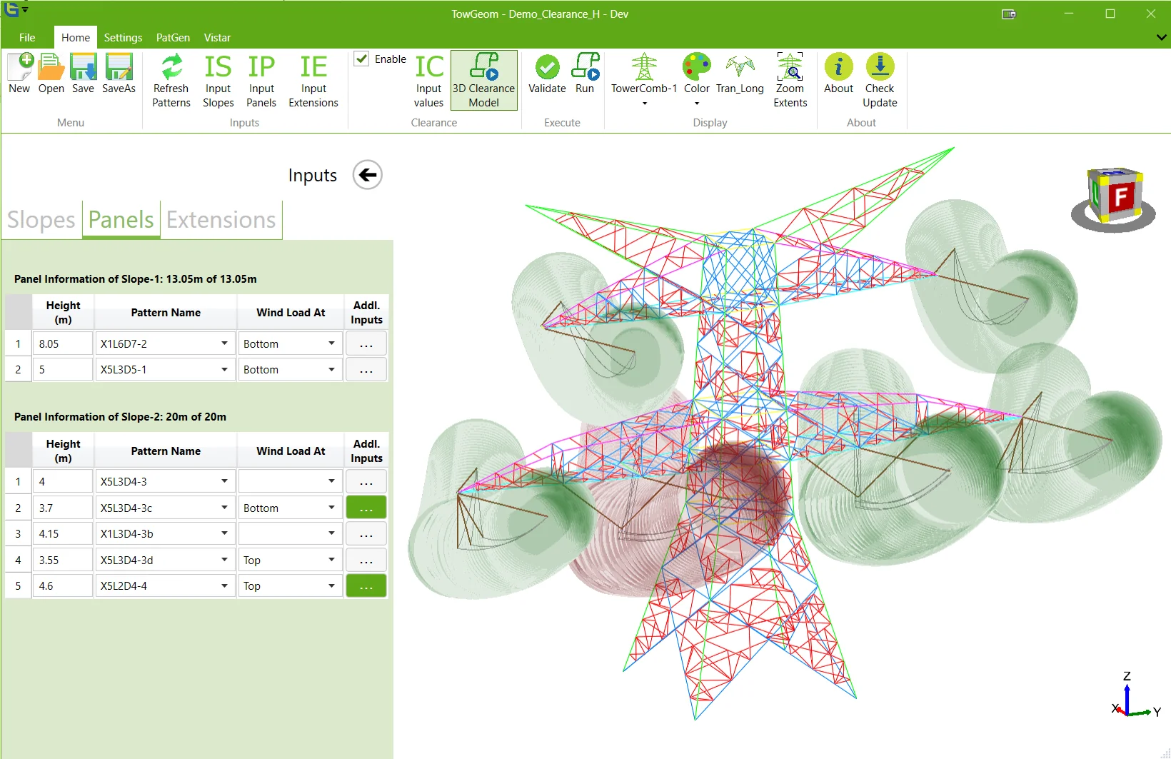 Supplied TowGeom demonstration showing a tower model with clearance envelopes